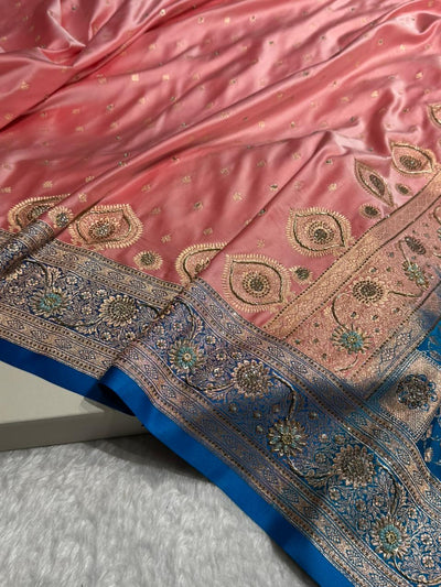 Baby Pink with firozy Contrast Booti With Ari & Zardozi Work Satin Katan Silk saree BSK29