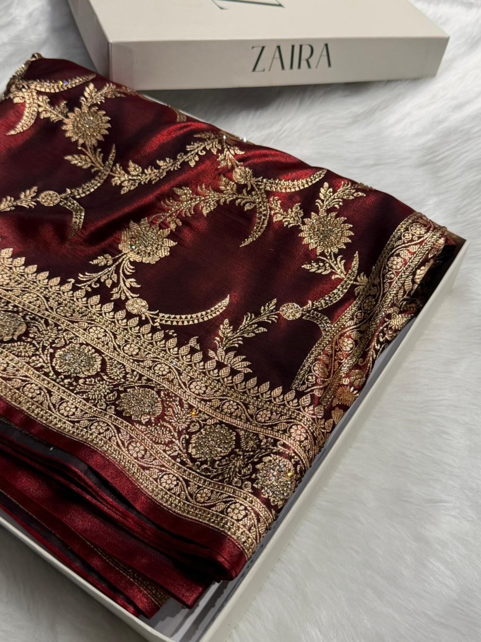 Maroon Shades Swarovski Work Jaal Pattern Satin Silk Saree BSS18