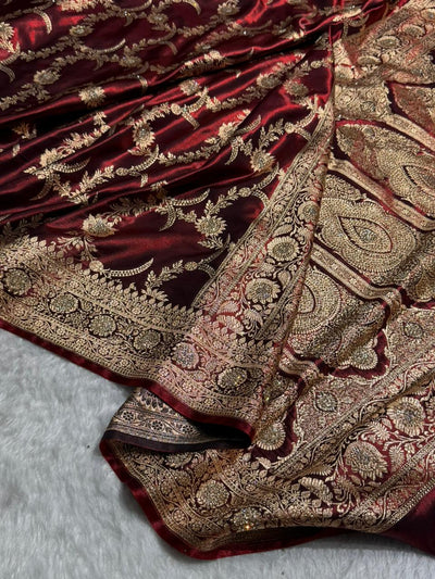 Maroon Shades Swarovski Work Jaal Pattern Satin Silk Saree BSS18
