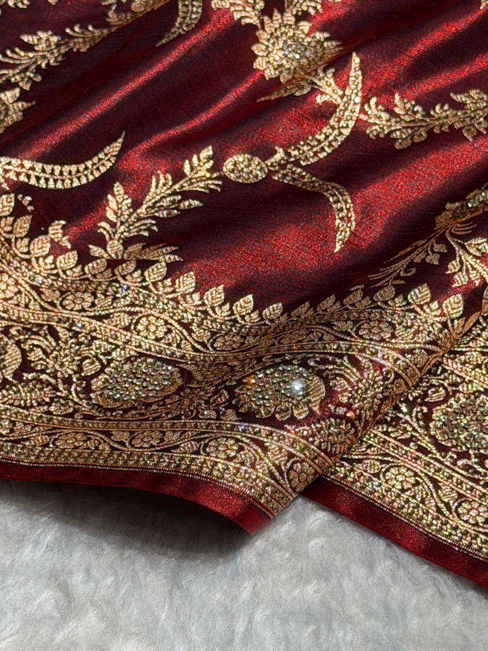 Maroon Shades Swarovski Work Jaal Pattern Satin Silk Saree BSS18