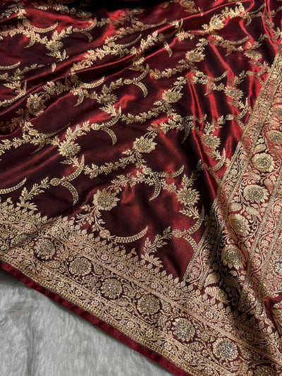 Maroon Shades Swarovski Work Jaal Pattern Satin Silk Saree BSS18