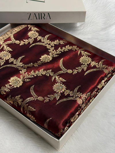 Maroon Shades Swarovski Work Jaal Pattern Satin Silk Saree BSS18