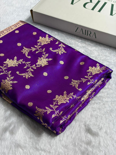 Royal Purple Banarasi Satin Silk Saree with Gold Floral Booti SS65