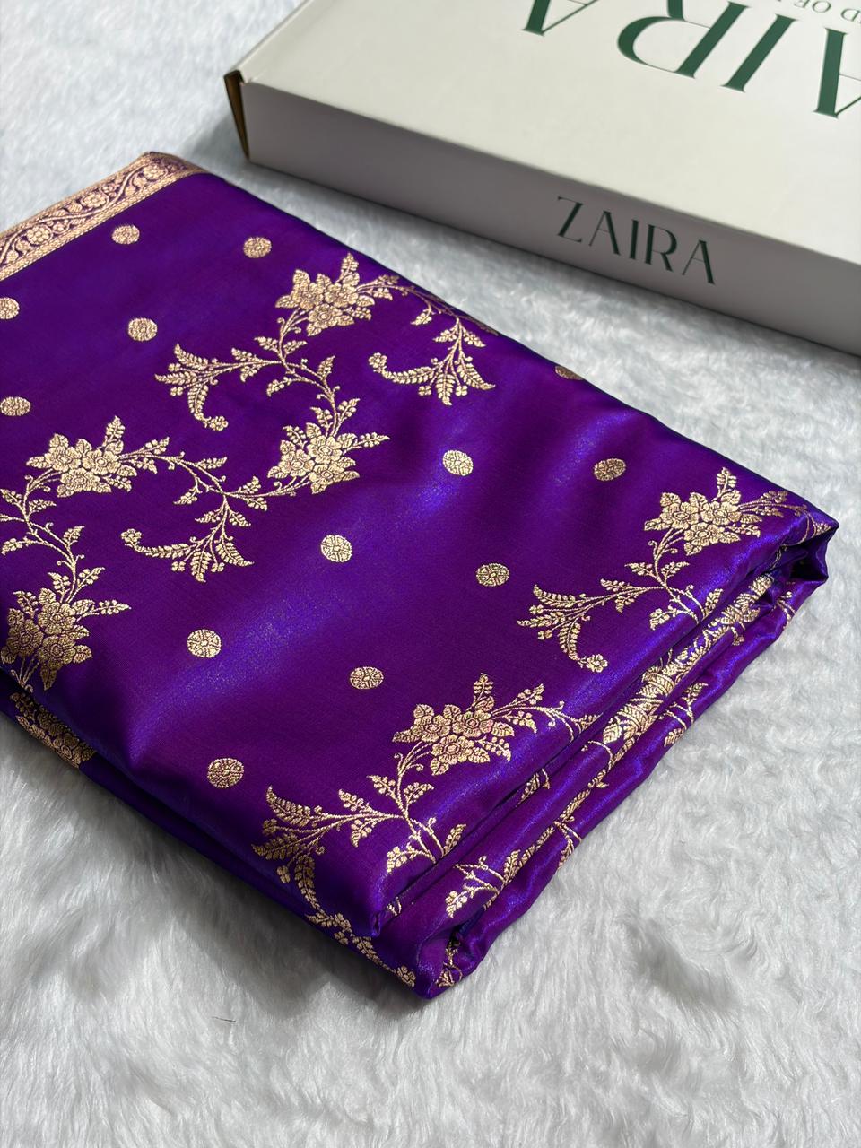 Royal Purple Banarasi Satin Silk Saree with Gold Floral Booti SS65