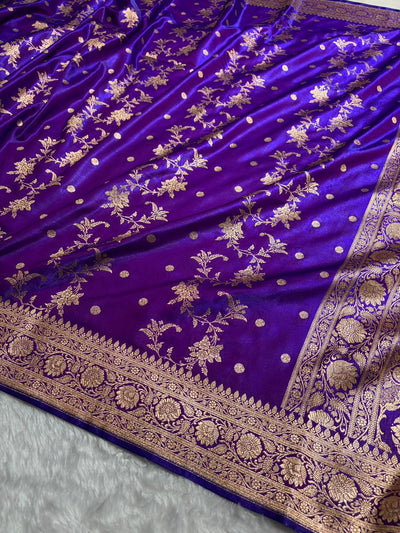 Royal Purple Banarasi Satin Silk Saree with Gold Floral Booti SS65