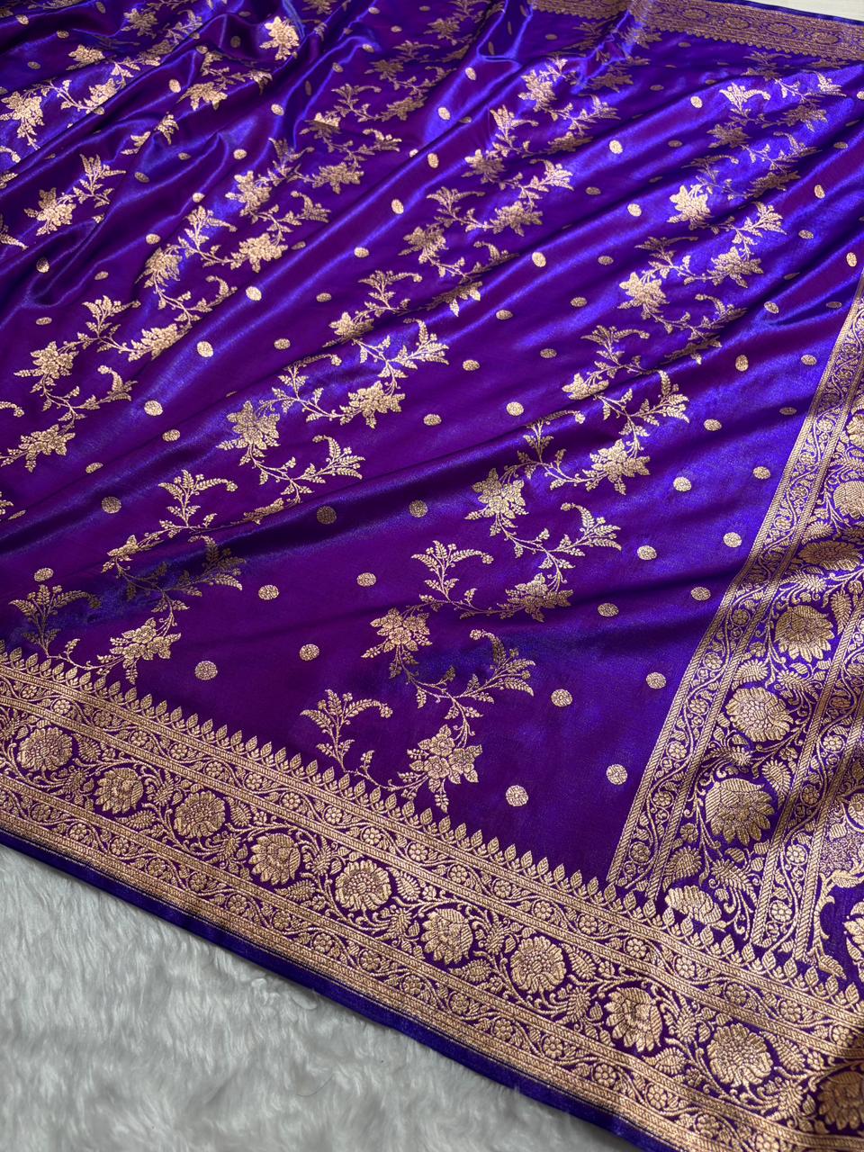 Royal Purple Banarasi Satin Silk Saree with Gold Floral Booti SS65
