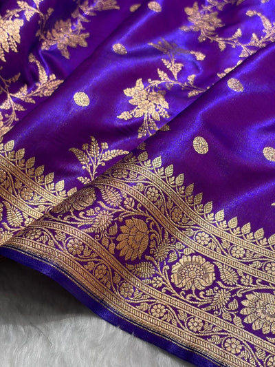 Royal Purple Banarasi Satin Silk Saree with Gold Floral Booti SS65
