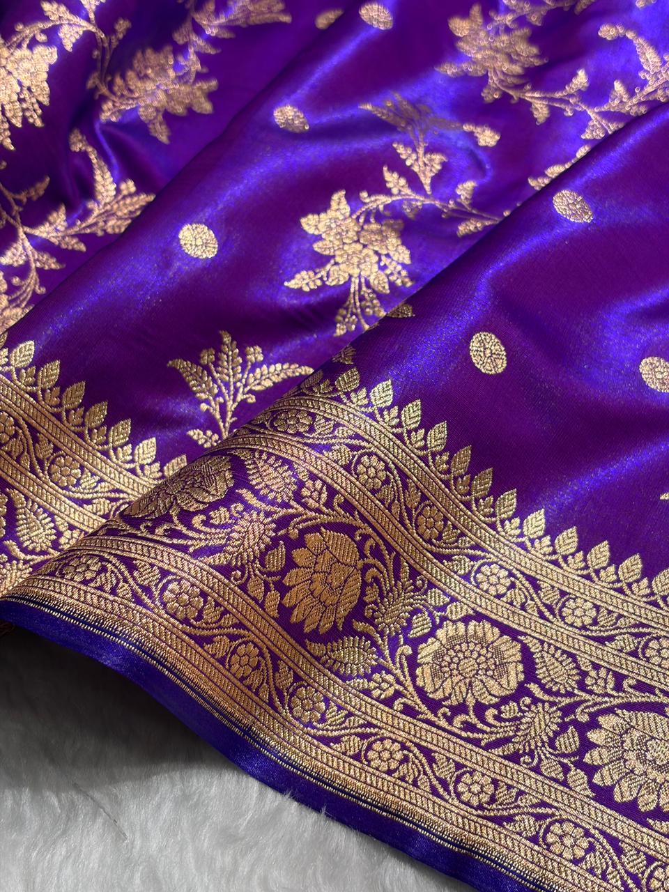 Royal Purple Banarasi Satin Silk Saree with Gold Floral Booti SS65