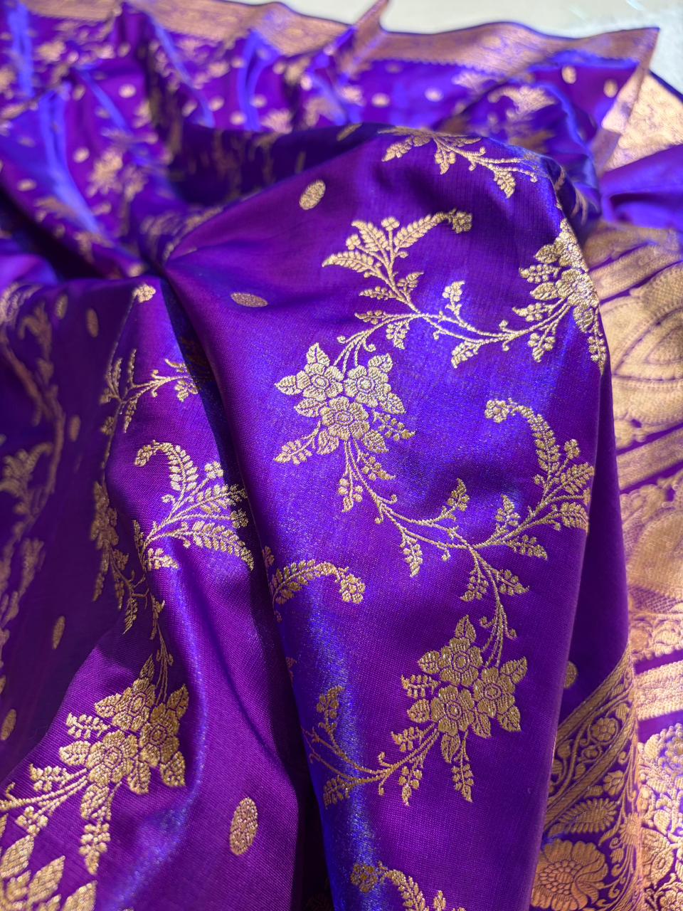 Royal Purple Banarasi Satin Silk Saree with Gold Floral Booti SS65
