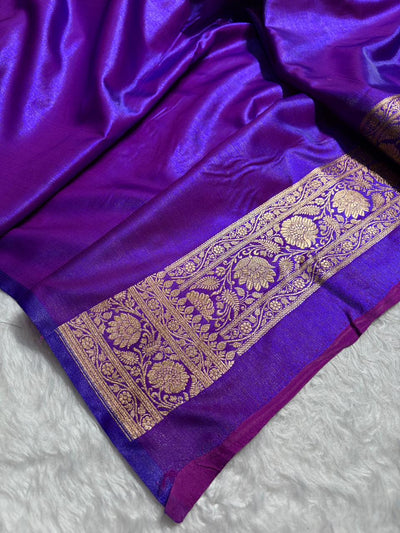 Royal Purple Banarasi Satin Silk Saree with Gold Floral Booti SS65