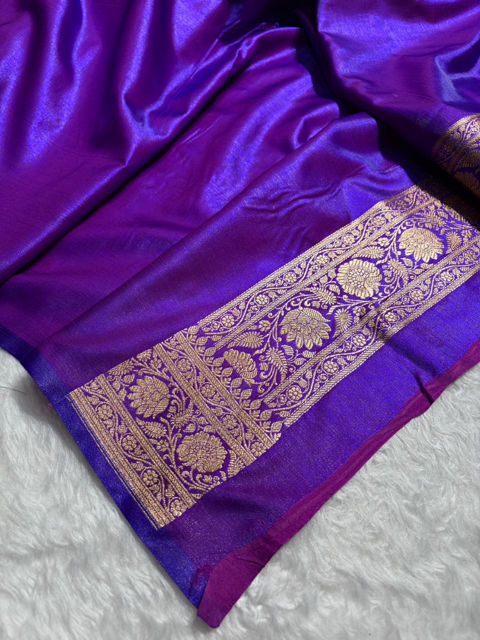 Royal Purple Banarasi Satin Silk Saree with Gold Floral Booti SS65