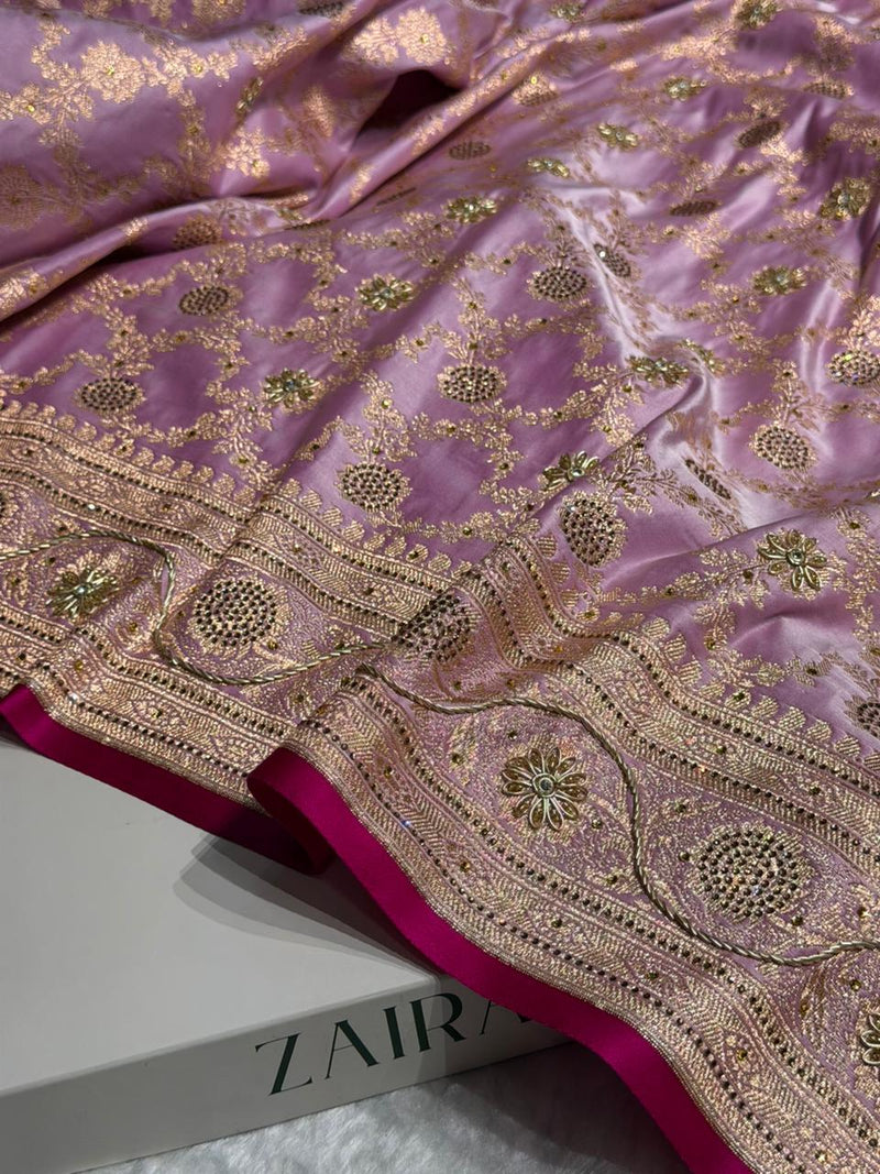 Light Lavender Jaal With Banarasi Swarovski and Zardozi Work Pattern Satin Katan Silk Saree BSK25