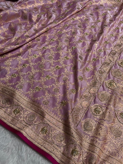 Light Lavender Jaal With Banarasi Swarovski and Zardozi Work Pattern Satin Katan Silk Saree BSK25