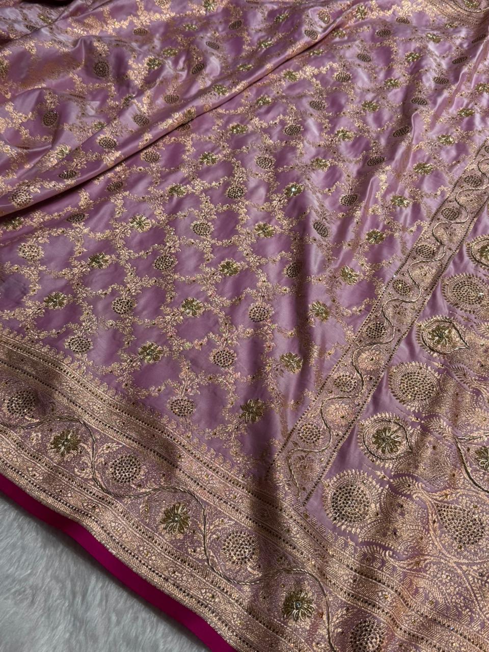 Light Lavender Jaal With Banarasi Swarovski and Zardozi Work Pattern Satin Katan Silk Saree BSK25
