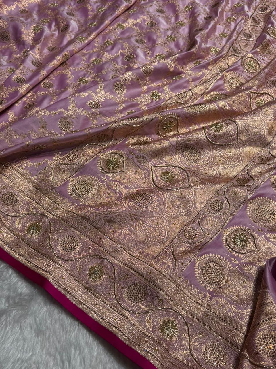 Light Lavender Jaal With Banarasi Swarovski and Zardozi Work Pattern Satin Katan Silk Saree BSK25