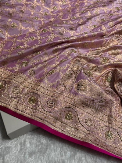 Light Lavender Jaal With Banarasi Swarovski and Zardozi Work Pattern Satin Katan Silk Saree BSK25