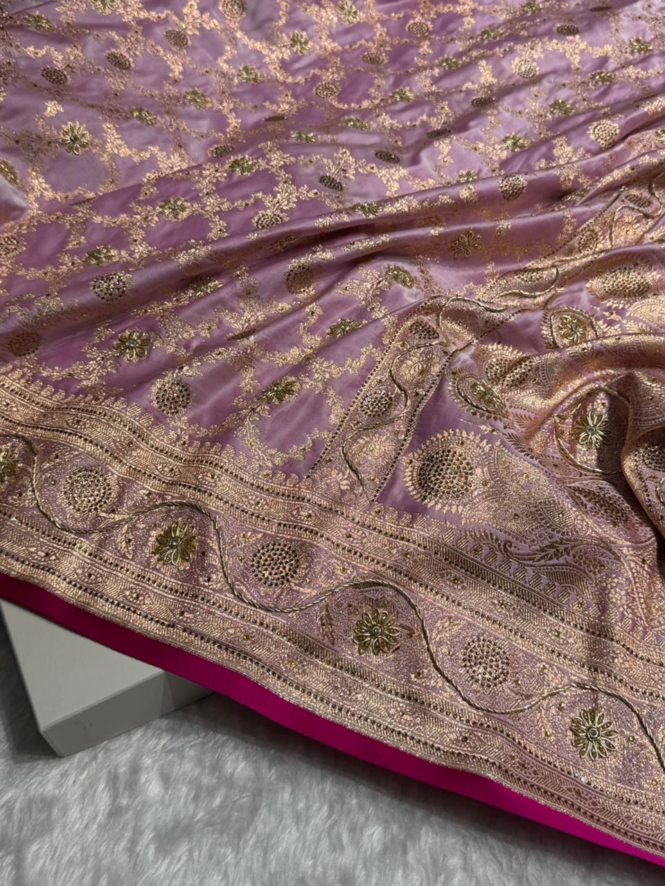 Light Lavender Jaal With Banarasi Swarovski and Zardozi Work Pattern Satin Katan Silk Saree BSK25