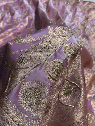Light Lavender Jaal With Banarasi Swarovski and Zardozi Work Pattern Satin Katan Silk Saree BSK25