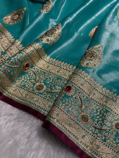 Sky Blue  Shades Banarasi Satin Silk Boota With  Zardozi & Diamond Work BSS05 (E)