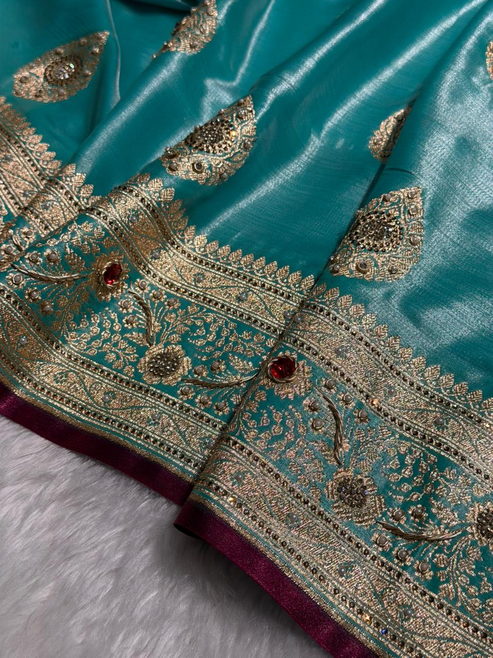 Sky Blue  Shades Banarasi Satin Silk Boota With  Zardozi & Diamond Work BSS05 (E)