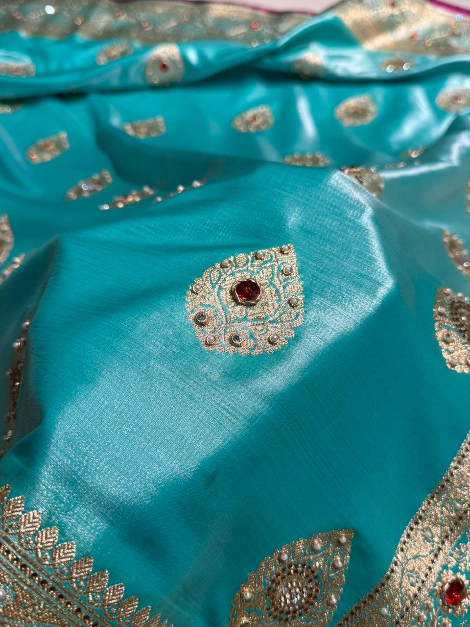 Sky Blue  Shades Banarasi Satin Silk Boota With  Zardozi & Diamond Work BSS05 (E)