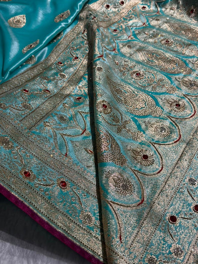 Sky Blue  Shades Banarasi Satin Silk Boota With  Zardozi & Diamond Work BSS05 (E)