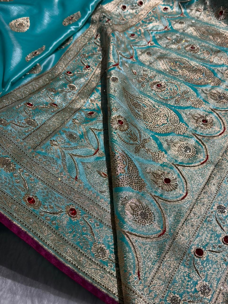 Sky Blue  Shades Banarasi Satin Silk Boota With  Zardozi & Diamond Work BSS05 (E)