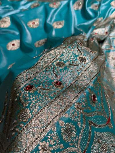 Sky Blue  Shades Banarasi Satin Silk Boota With  Zardozi & Diamond Work BSS05 (E)