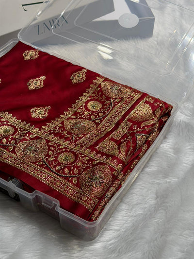 Maroon Banarasi Satin Katan Saree With Aari Zardozi Work Boota in Rust Shades BSK98