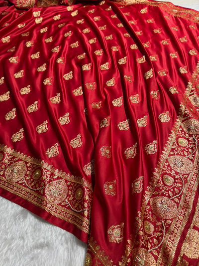 Maroon Banarasi Satin Katan Saree With Aari Zardozi Work Boota in Rust Shades BSK98