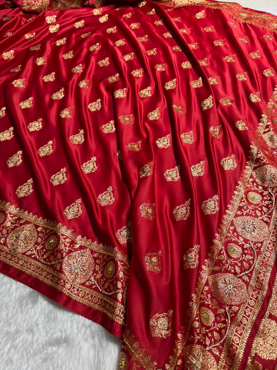 Maroon Banarasi Satin Katan Saree With Aari Zardozi Work Boota in Rust Shades BSK98