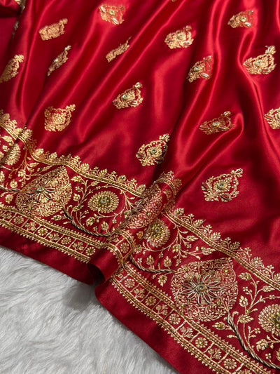 Maroon Banarasi Satin Katan Saree With Aari Zardozi Work Boota in Rust Shades BSK98