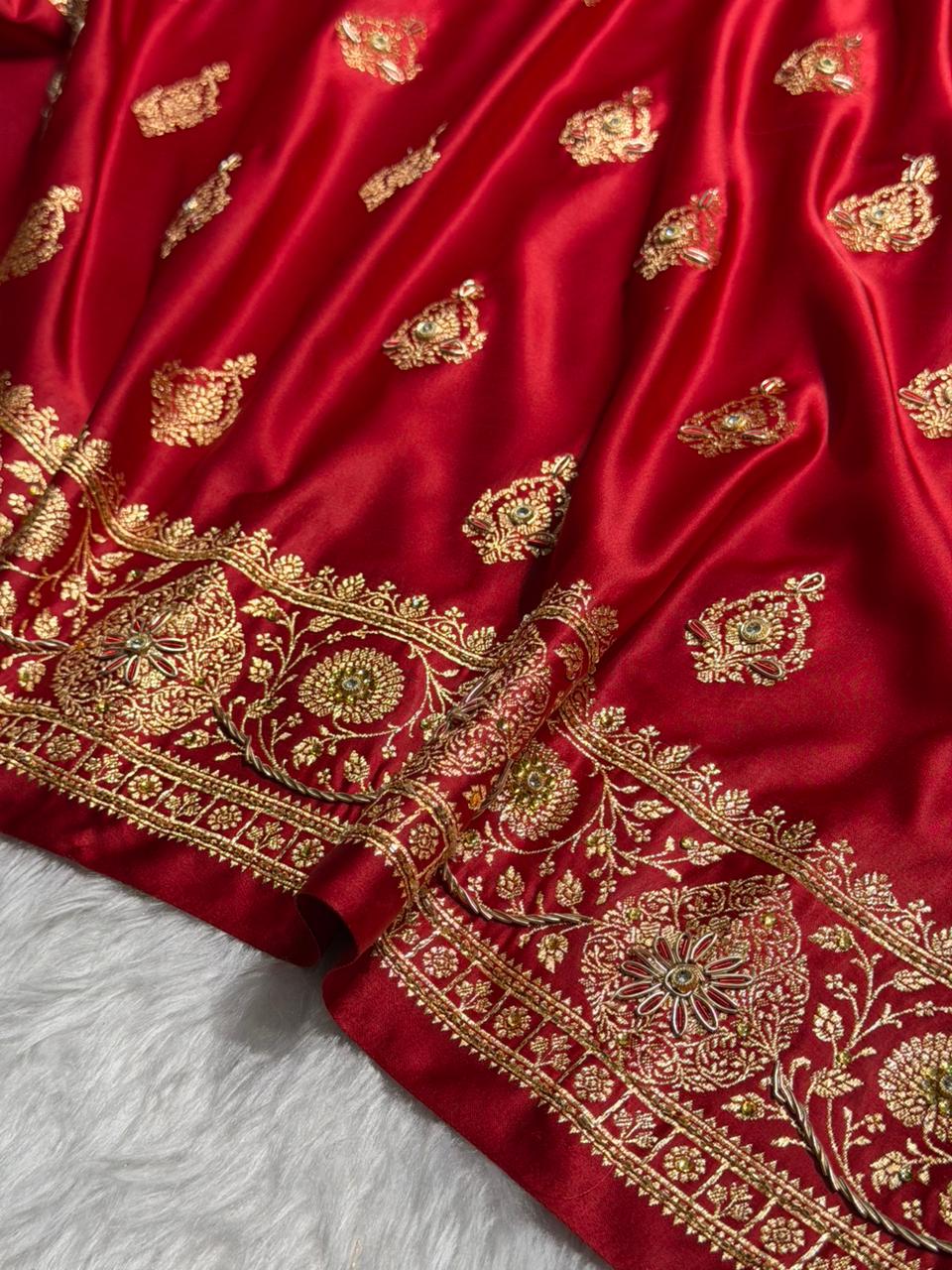 Maroon Banarasi Satin Katan Saree With Aari Zardozi Work Boota in Rust Shades BSK98