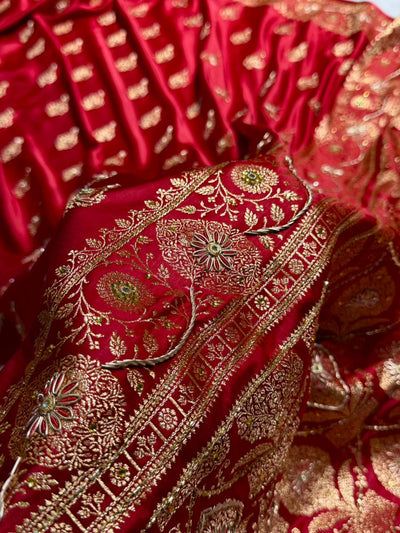 Maroon Banarasi Satin Katan Saree With Aari Zardozi Work Boota in Rust Shades BSK98