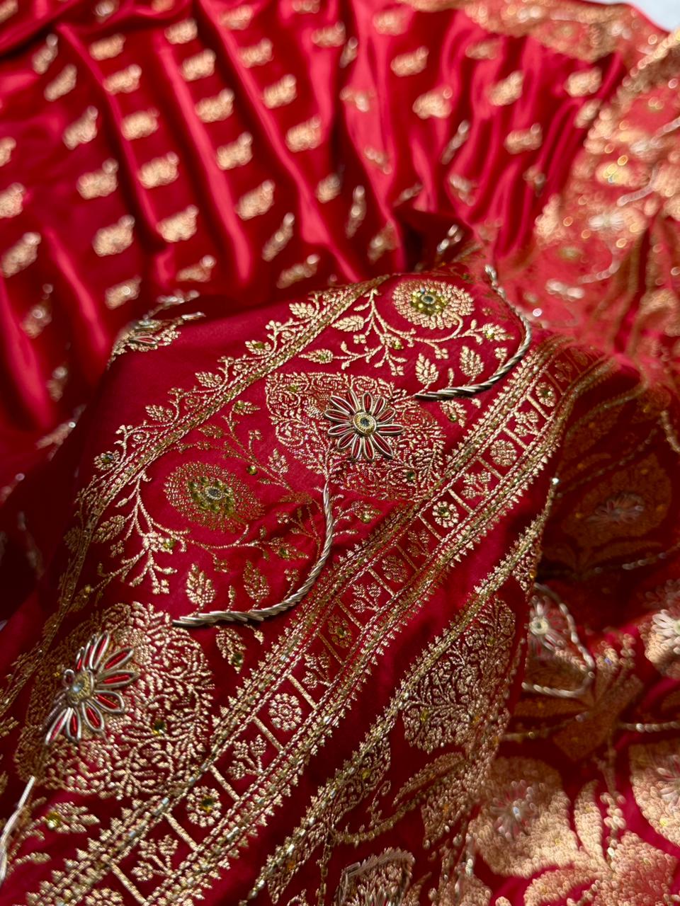 Maroon Banarasi Satin Katan Saree With Aari Zardozi Work Boota in Rust Shades BSK98