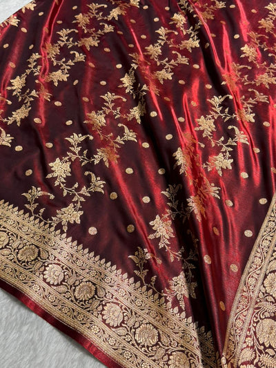 Maroon Banarasi Satin Silk Saree with Gold Floral Booti SS65