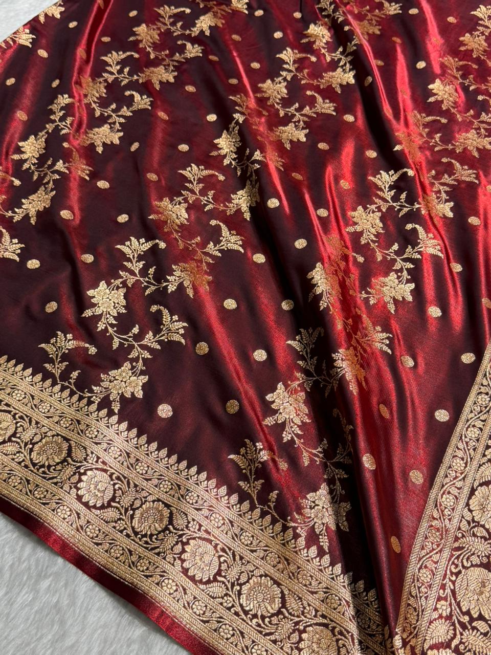 Maroon Banarasi Satin Silk Saree with Gold Floral Booti SS65