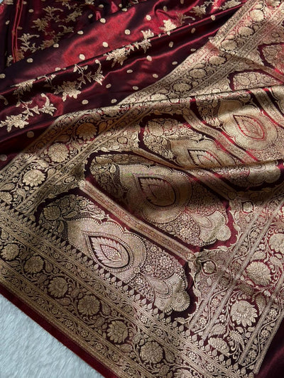 Maroon Banarasi Satin Silk Saree with Gold Floral Booti SS65