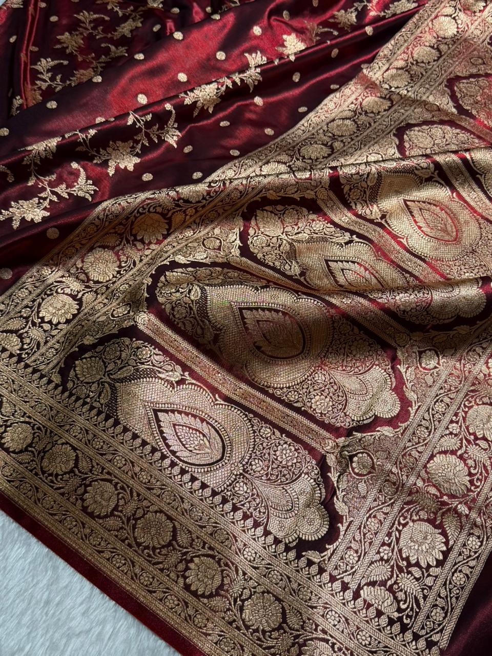 Maroon Banarasi Satin Silk Saree with Gold Floral Booti SS65