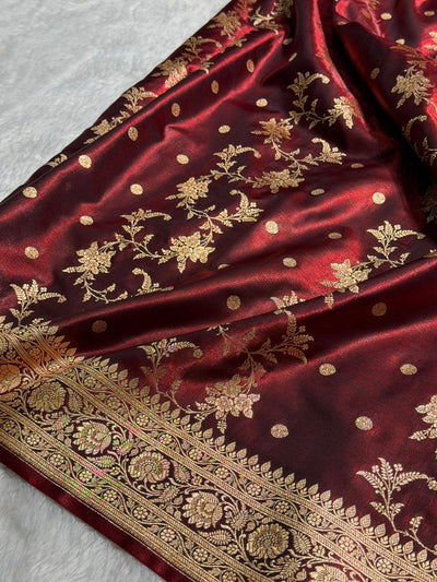 Maroon Banarasi Satin Silk Saree with Gold Floral Booti SS65