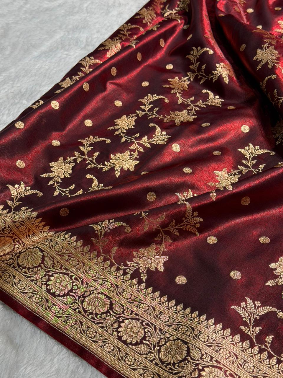 Maroon Banarasi Satin Silk Saree with Gold Floral Booti SS65