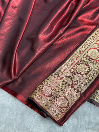 Maroon Banarasi Satin Silk Saree with Gold Floral Booti SS65