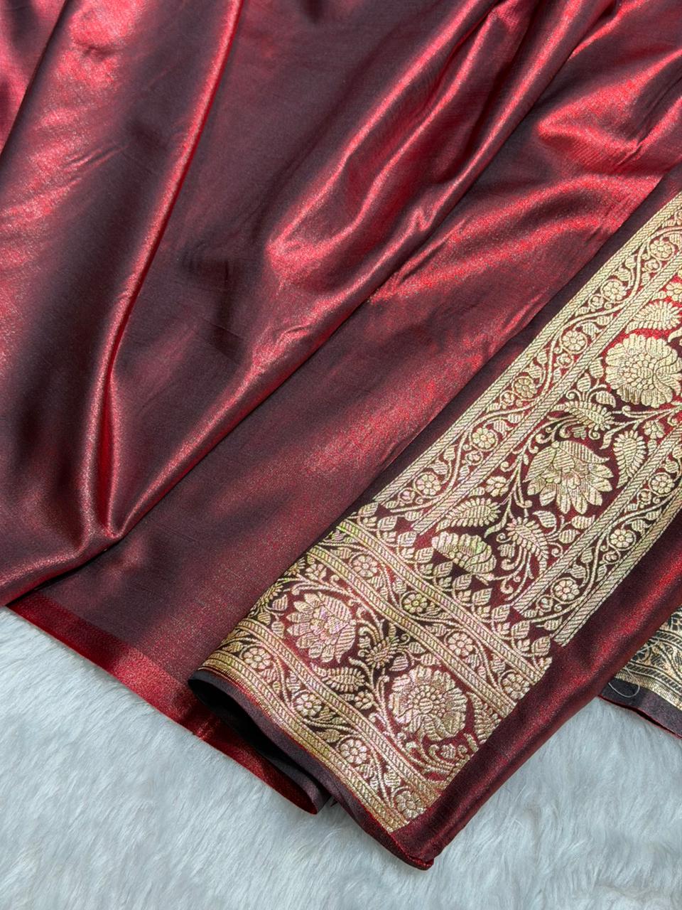 Maroon Banarasi Satin Silk Saree with Gold Floral Booti SS65