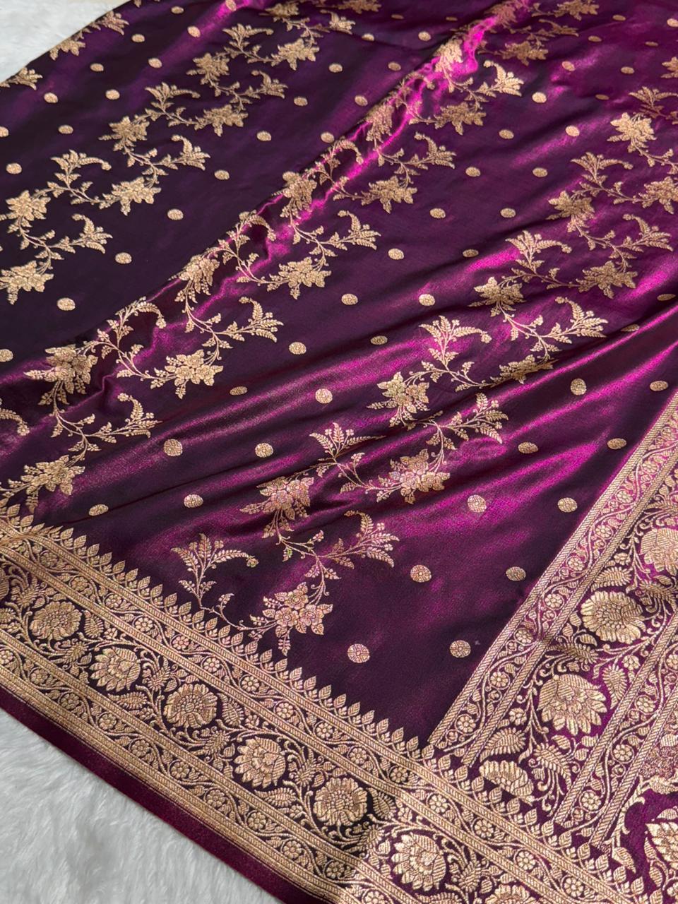 Wine Banarasi Satin Silk Saree with Gold Floral Booti SS65