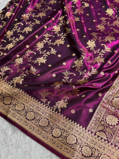 Wine Banarasi Satin Silk Saree with Gold Floral Booti SS65