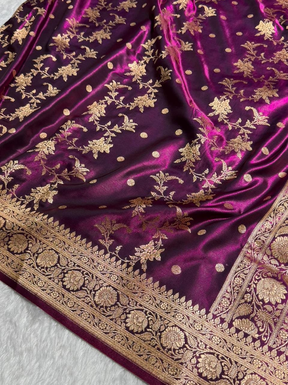 Wine Banarasi Satin Silk Saree with Gold Floral Booti SS65