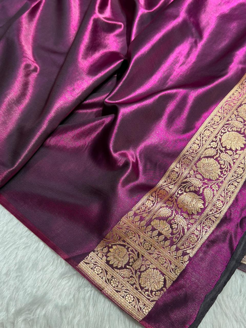 Wine Banarasi Satin Silk Saree with Gold Floral Booti SS65