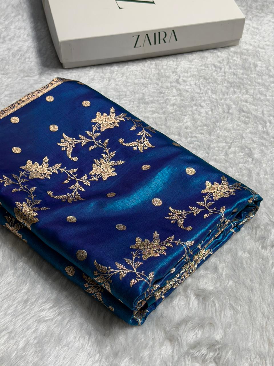 Peacock Banarasi Satin Silk Saree with Gold Floral Booti SS65