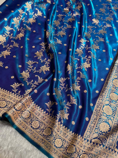 Peacock Banarasi Satin Silk Saree with Gold Floral Booti SS65