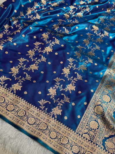 Peacock Banarasi Satin Silk Saree with Gold Floral Booti SS65